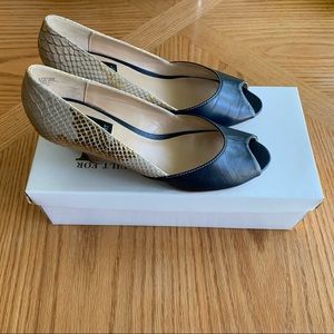 Navy/ Beige Faux Snake Skin Wedge Heels - Size 9
